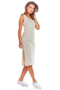 Beige Cotton Fitted Dress with Stripes