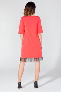 Coral 1/2 Sleeves Plain Dress with Tulle Edging