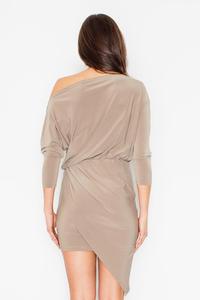 Beige Asymetrical Mini Boat Neckline Dress