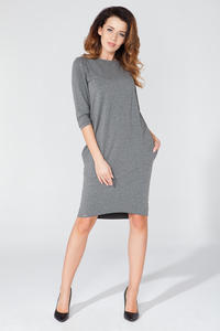 Grey Classic Plain 3/4 Sleeves Knee Length Casual Dress
