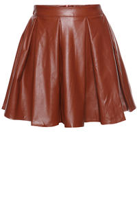 Brown Leather Pleated Skirt with Back Seam Zip Fastening