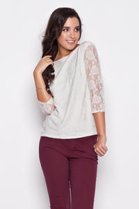 Ecru Bateau Neckline Floral Lace Blouse with 3/4 Sleeves