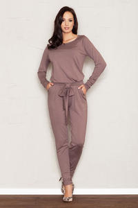 Brown Jumpsuit with Raglan Sleeves and Self Tie Belt