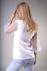 V-neck blouse with transparent 3/4 sleeves - Ecru