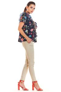 Navy Blue Short Blouse with Flowers with Vertical Flares