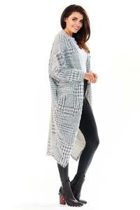 Grey Plaid Pattern Long Losse Lapels Cardigan