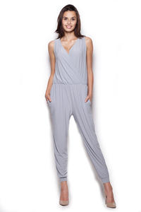 Wrap Around Sleeveless Grey Jumpsuit with Shirred Waist