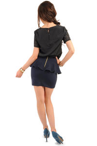 Navy Tiered Mini Skirt with Back Gold Zip Fastening