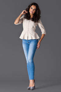 Creamy Frilled Hemline Blazer with Front Zipper Fastening