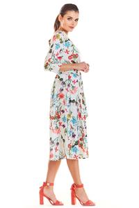 Ecru Classic Flared Dress with a Colorful Pattern