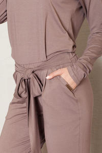 Brown Jumpsuit with Raglan Sleeves and Self Tie Belt