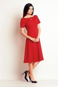 Red Short Sleeves Flared Midi Dress