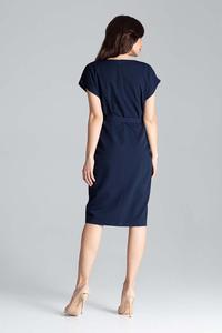 Dark Blue Belted V-Neck Dress