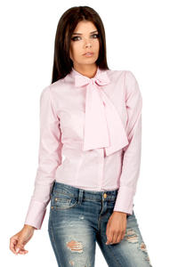 Pink Pussy Bow Collar Pinstripe Girly Shirt