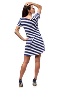 Dark Blue Bateau Neck Striped Dippy Hemline Shift Dress