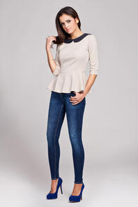 Beige Seam Top with Frilled Hemline and Elbow Length Sleeves