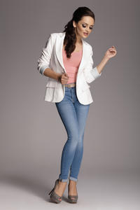 Contrast Sleeves Ecru Blazer with Twin Side Flap Pockets