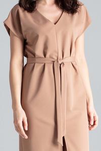 Brown Belted V-Neck Dress