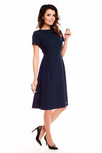 Dark Blue Short Sleeves Midi Flared Dress