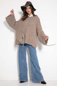 Oversize sweater with a sewn-on pocket and fringes - Mocca