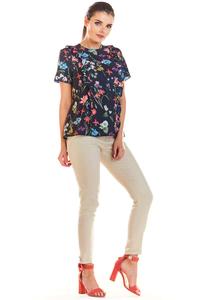Navy Blue Short Blouse with Flowers with Vertical Flares