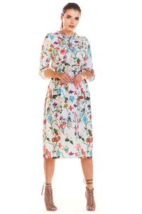 Ecru Romantic Midi Dress with a Floral Pattern