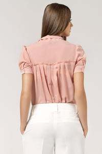 Pink Bow Neckline Pleated Back Chiffon Blouse