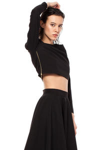 Black Cropped Blouse with Bateau Neckline and Side Zipper