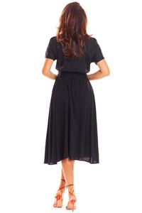 Black Flared Midi Dress with Short Kimono Sleeve