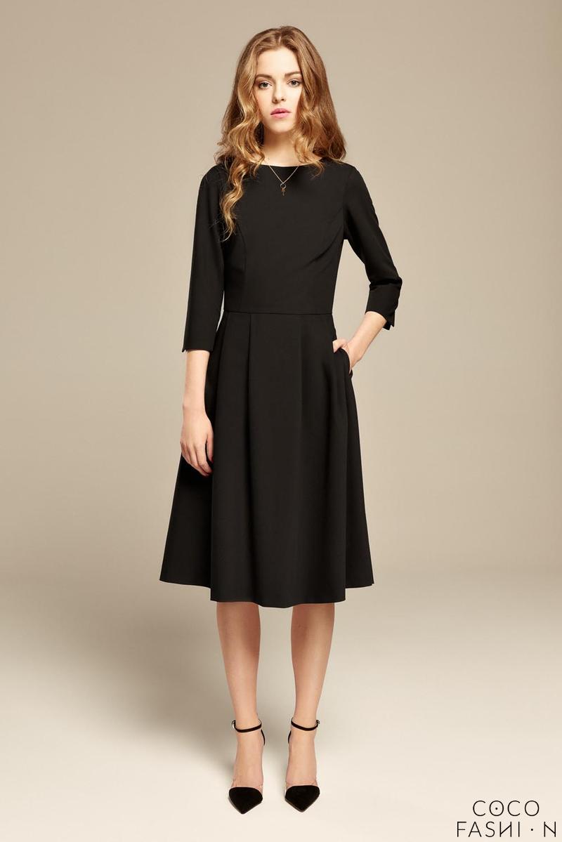 Black Flared 3/4 Sleeves Midi Dress