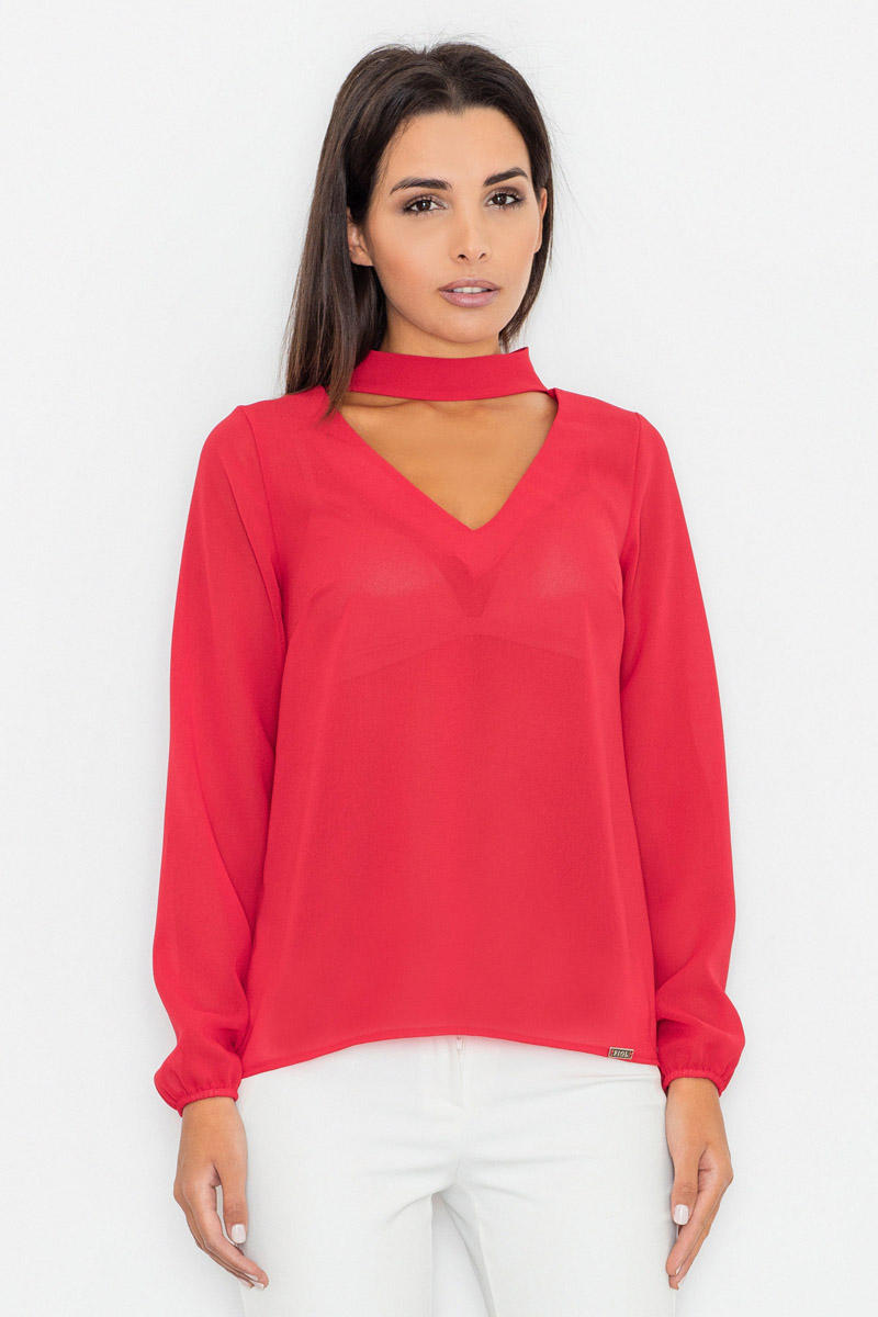 Red Elegant Blouse with Cut Out Neckline