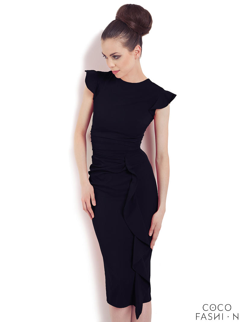 Black Structured Petal Sleeves Midi Dress